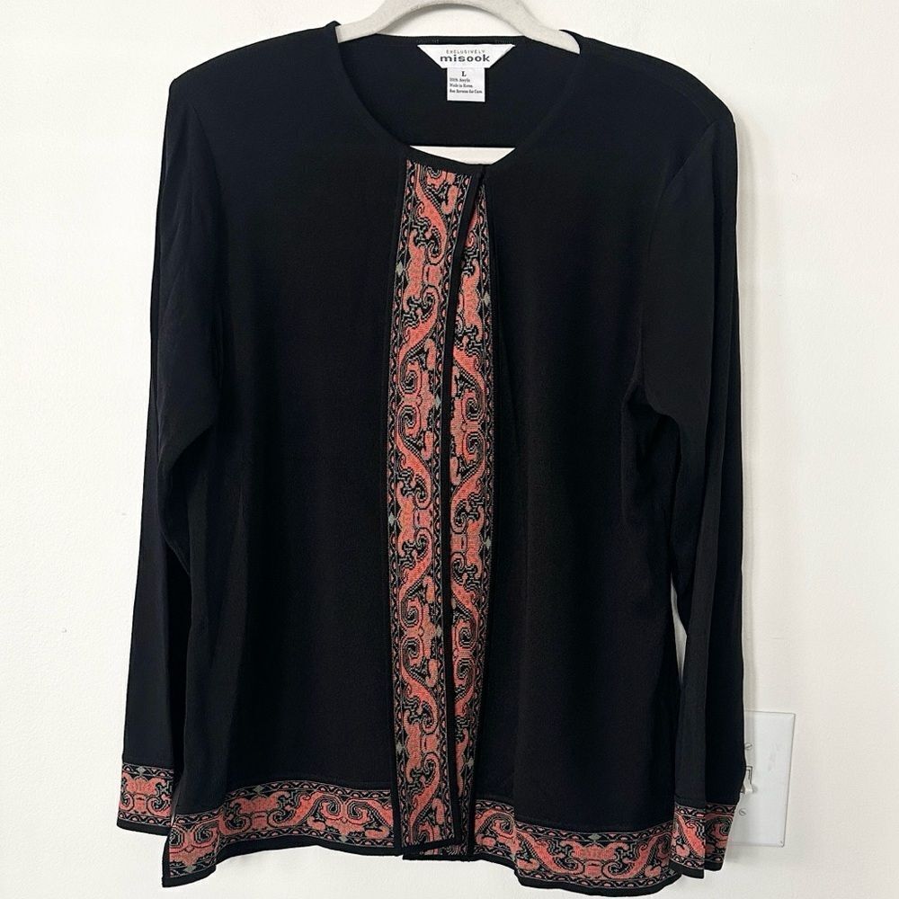 Misook Black Pink Paisley Embelished Cardigan Sweater L